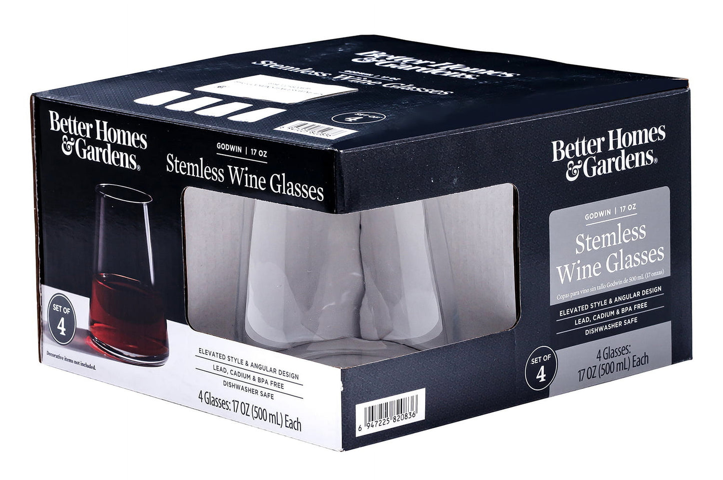 Clear Flared Stemless Wine Glass 17 Ounce, 4 Pack