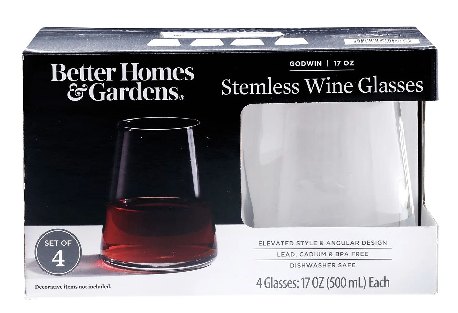 Clear Flared Stemless Wine Glass 17 Ounce, 4 Pack