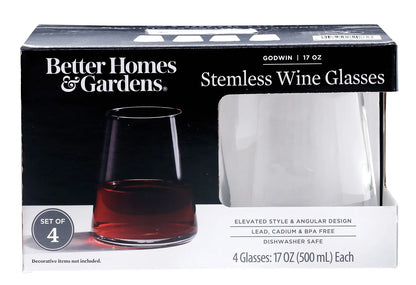 Clear Flared Stemless Wine Glass 17 Ounce, 4 Pack